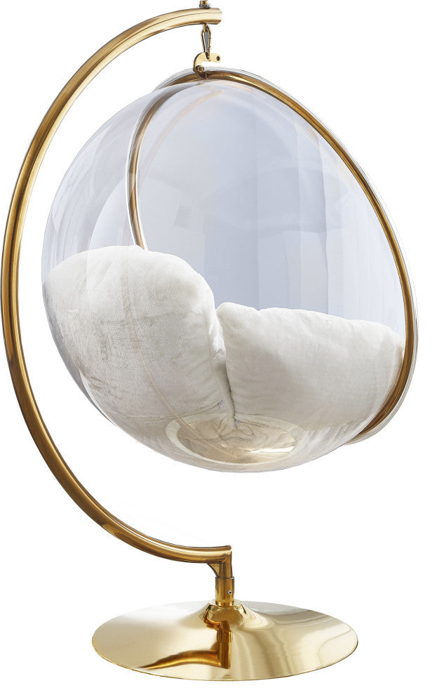 Luna Metal Acrylic Swing Bubble Accent Chair With Stand, White, Faux Fur