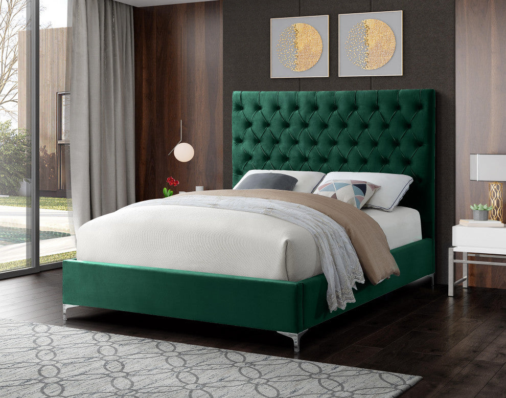 Cruz Velvet Upholstered Bed, Green, Full