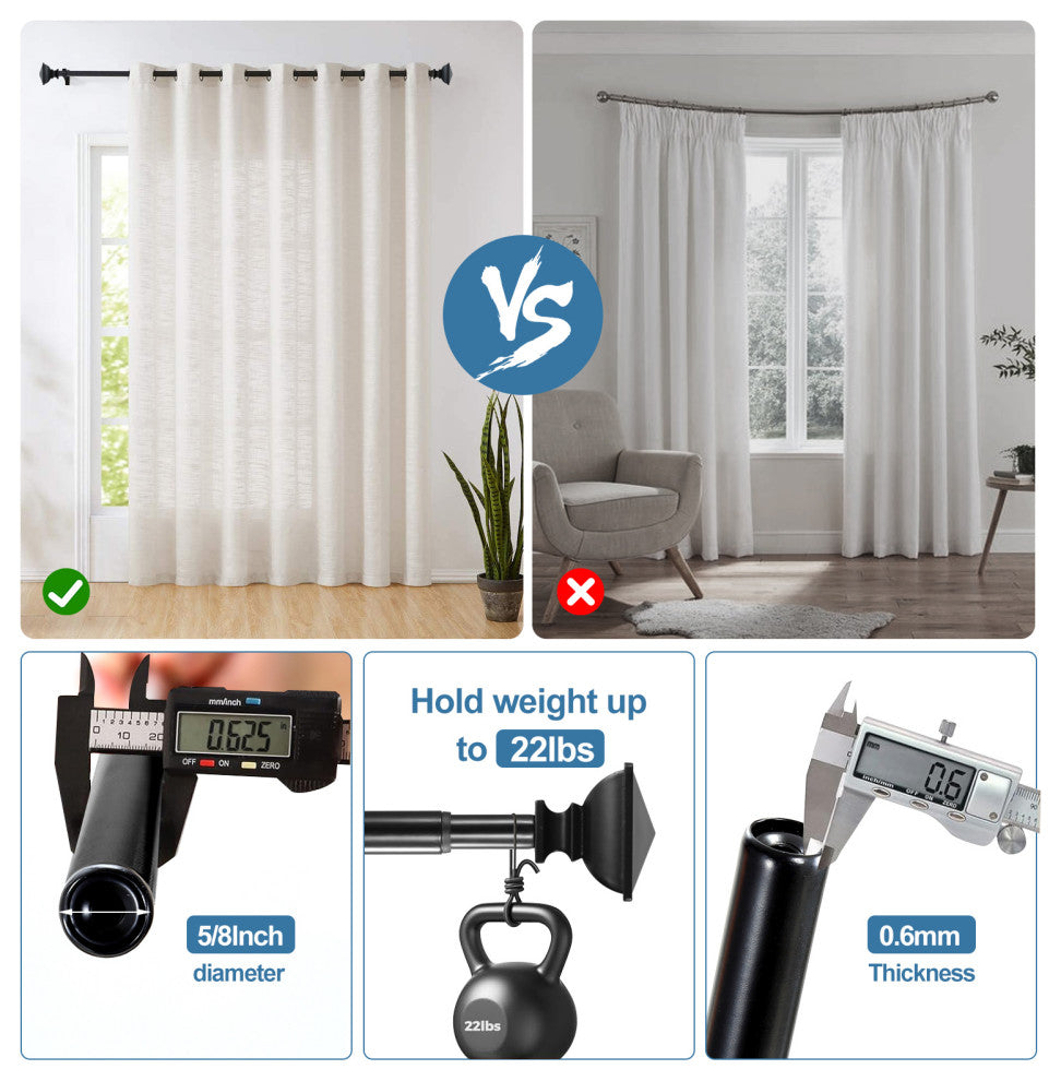 Square Urn Adjustable Double Curtain Rod Set, 5/8", Black, 48"-84"