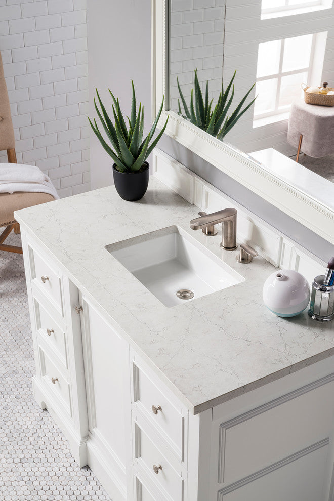 De Soto 48" Single Vanity, Bright White,  Eternal Jasmine Pearl Quartz Top
