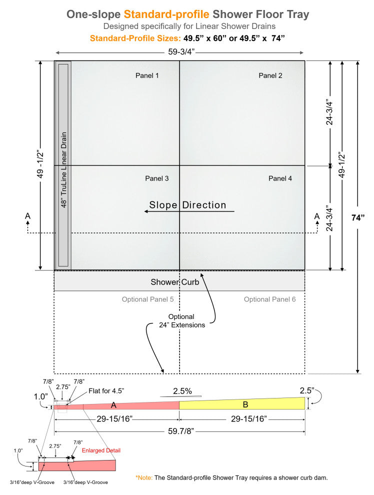 165 SQFT Linear Shower Kit, 49" x 60" STANDARD, END, 24" Classic , 60" Curb