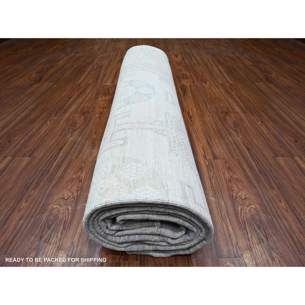 Silver Chalice White Wash Peshawar Mahal Design Wool Hand Knotted Rug 10'x14'4"