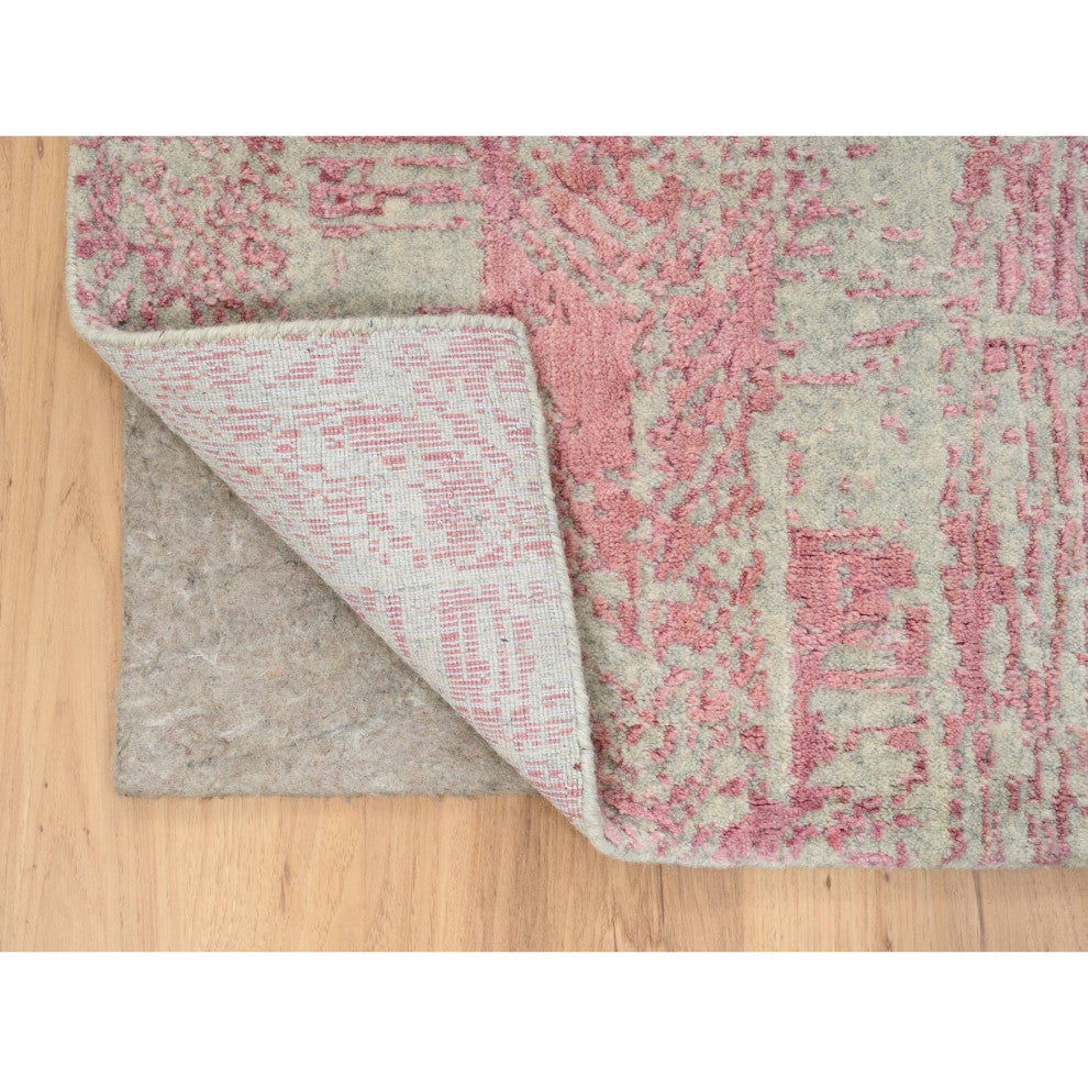Rose Pink, Wool and Art Silk, Jacquard Hand Loomed, Runner Rug, 2'6"x10'0"