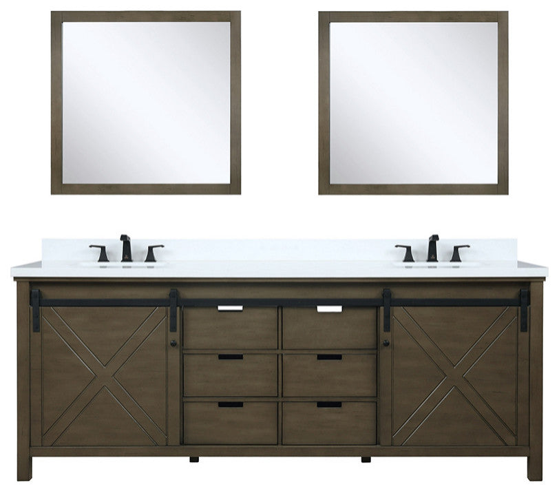 Marsyas 84" Double Vanity, White Square Sinks, 34" Mirrors, Rustic Brown