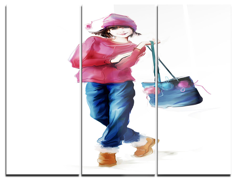 "Fashion Young Girl in Red" Metal Wall Art, 3 Panels, 36"x28"