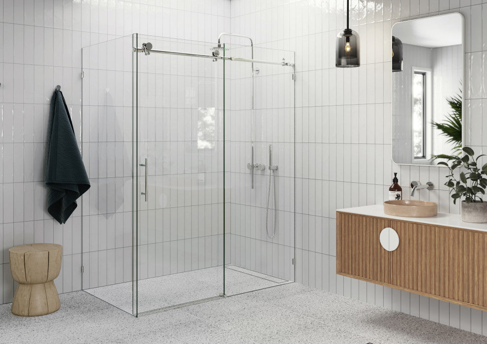 60"-64"x32"x78" Frameless Sliding Shower Door With Return Panel, Polished Chrome