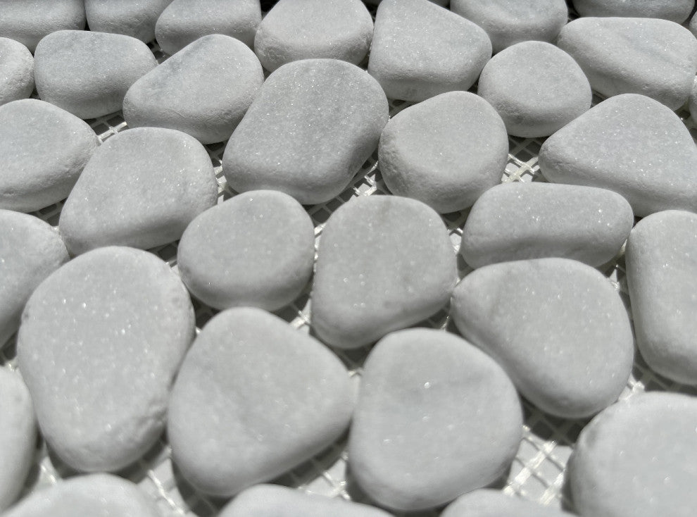 Pebble Stone Mosaic Tile Carrara White Marble River Rocks Tumbled, 1 sheet