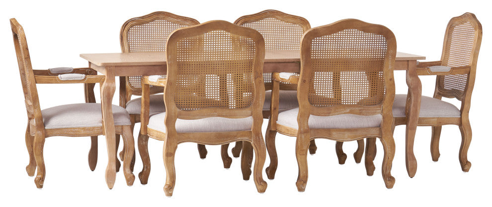Bonview Fabric Upholstered Wood and Cane Expandable 7-Piece Dining Set, Natural Brown/Light Gray