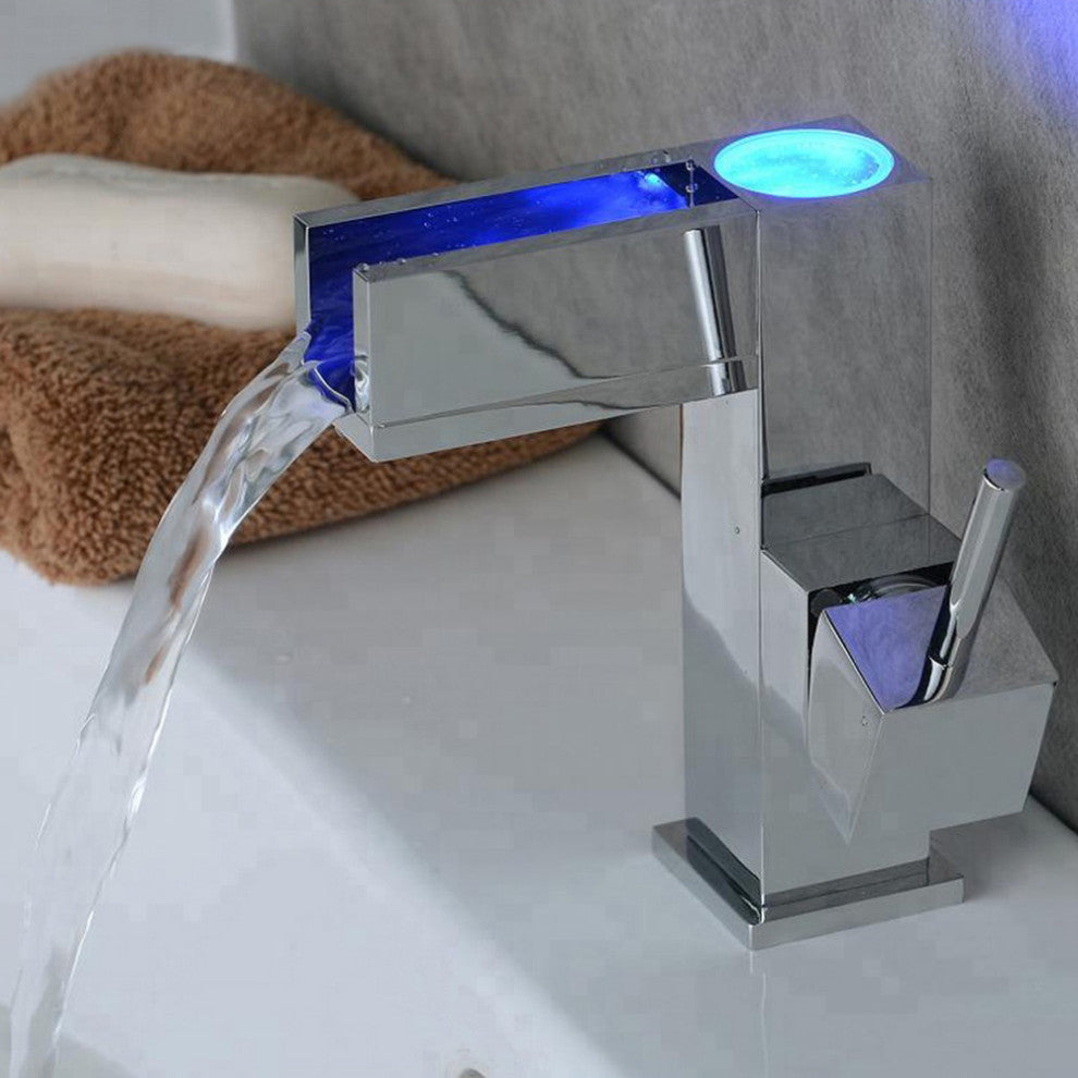 BathSelect Blue LED Chrome Finished Waterfall Bathroom Sink Faucet