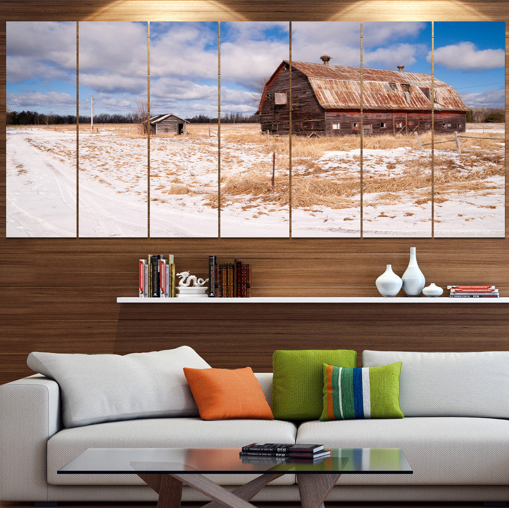 Farm Field Barn Ranch, Landscape Canvas Art Print, 83"x32", 7 Panels