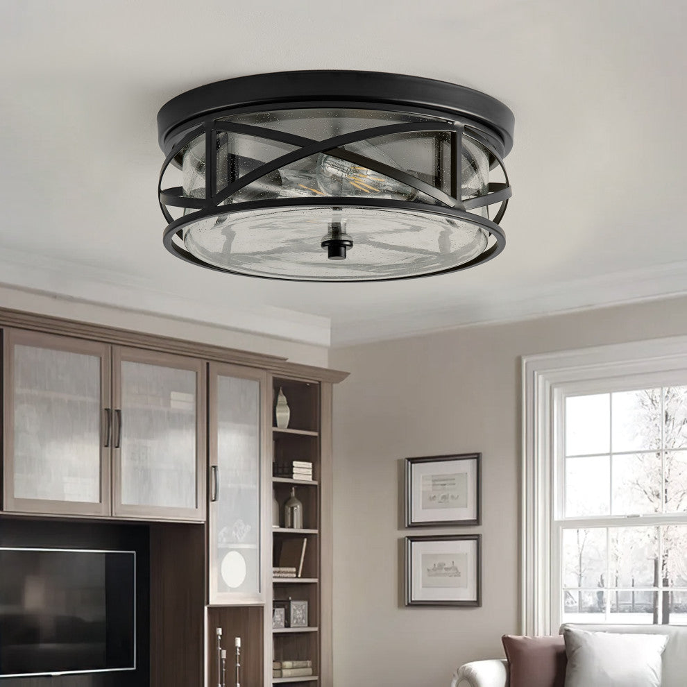 Farmhouse 2-Light Flush Mount Close to Ceiling Light with Seeded Glass Shade
