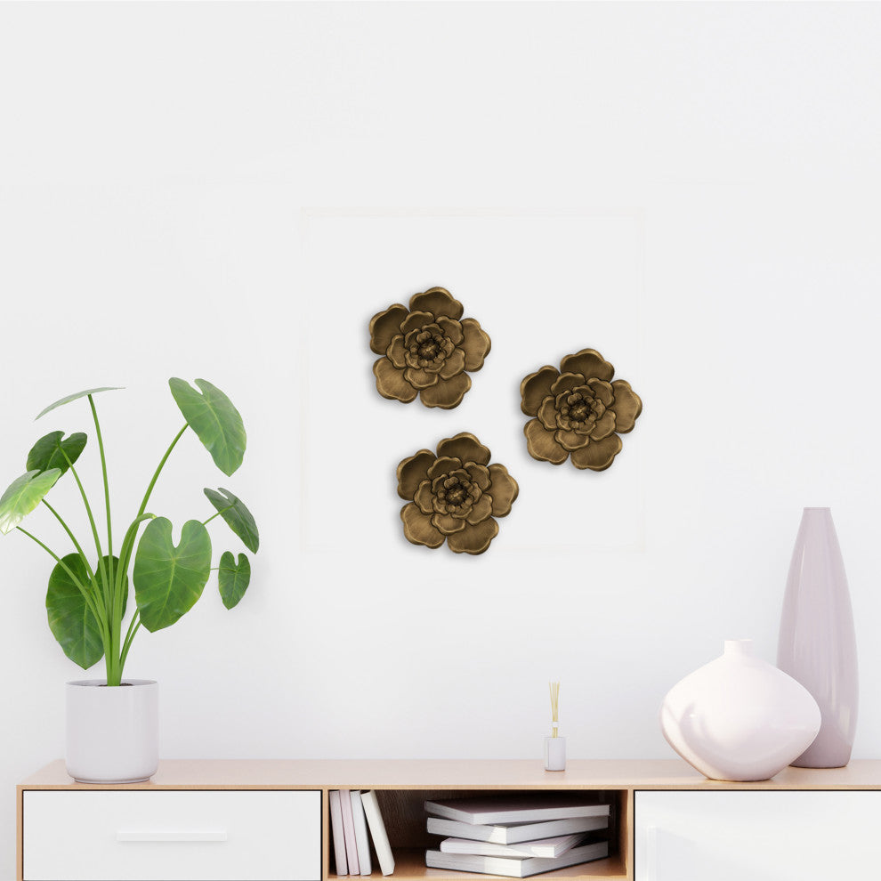 Set of 3 Metallic Golden Flowers Wall Decor