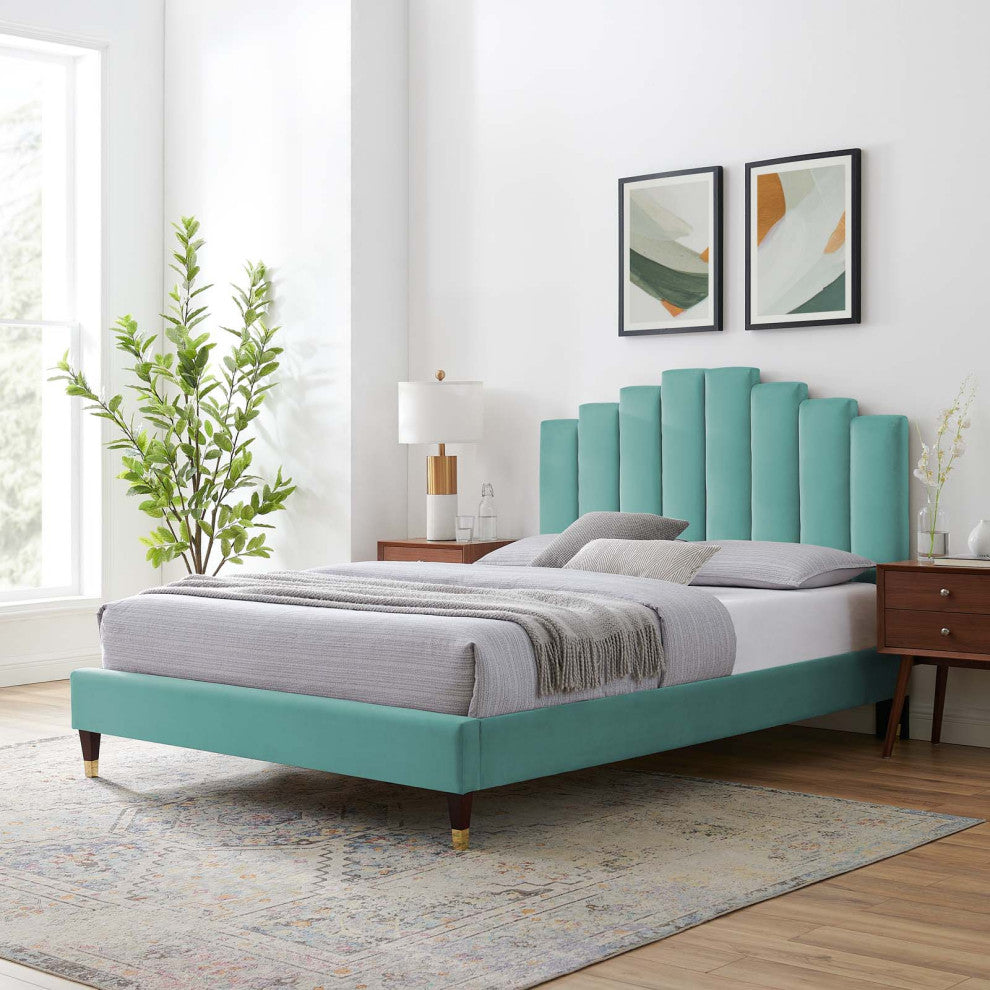 Platform Bed Frame, Twin Size, Velvet, Blue, Modern Contemporary, Bedroom Master