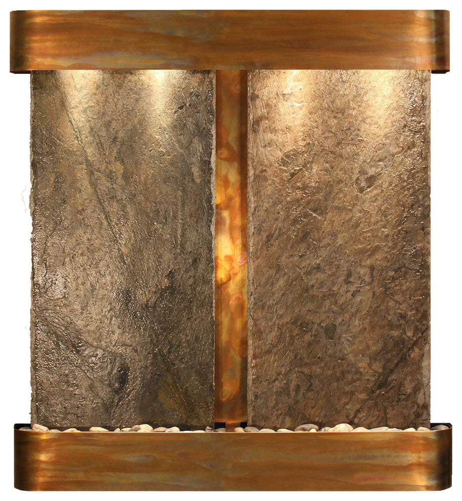 Aspen Falls Water Fountain, Natural Green Slate, Rustic Copper, Round