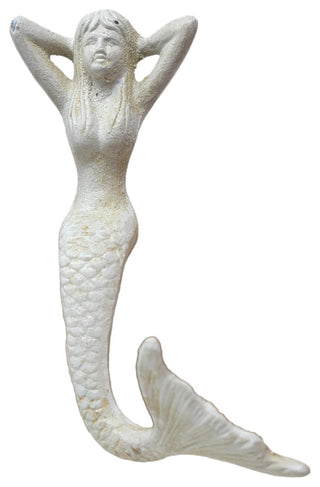 Coastal Mermaid Stocking Hanger Christmas Shelf Distressed White Iron 7 inch