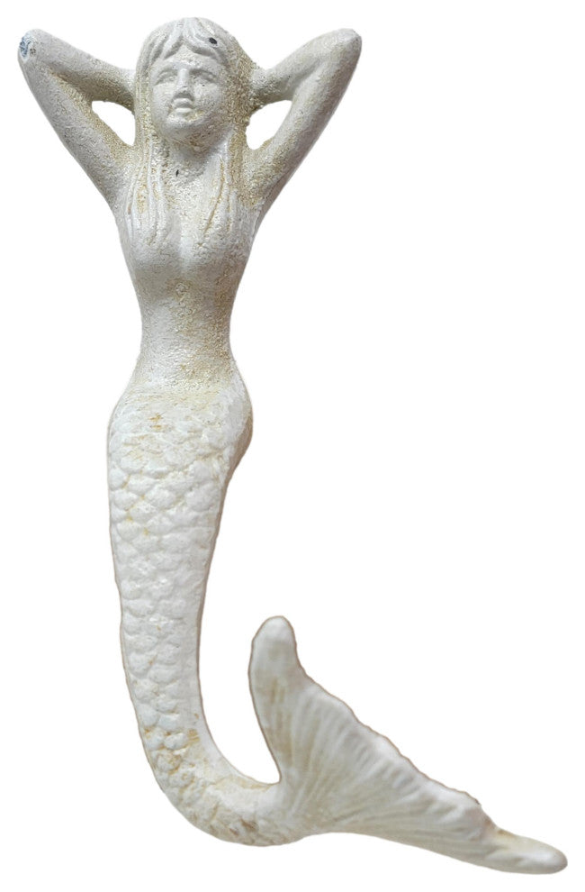 Coastal Mermaid Stocking Hanger Christmas Shelf Distressed White Iron 7 inch