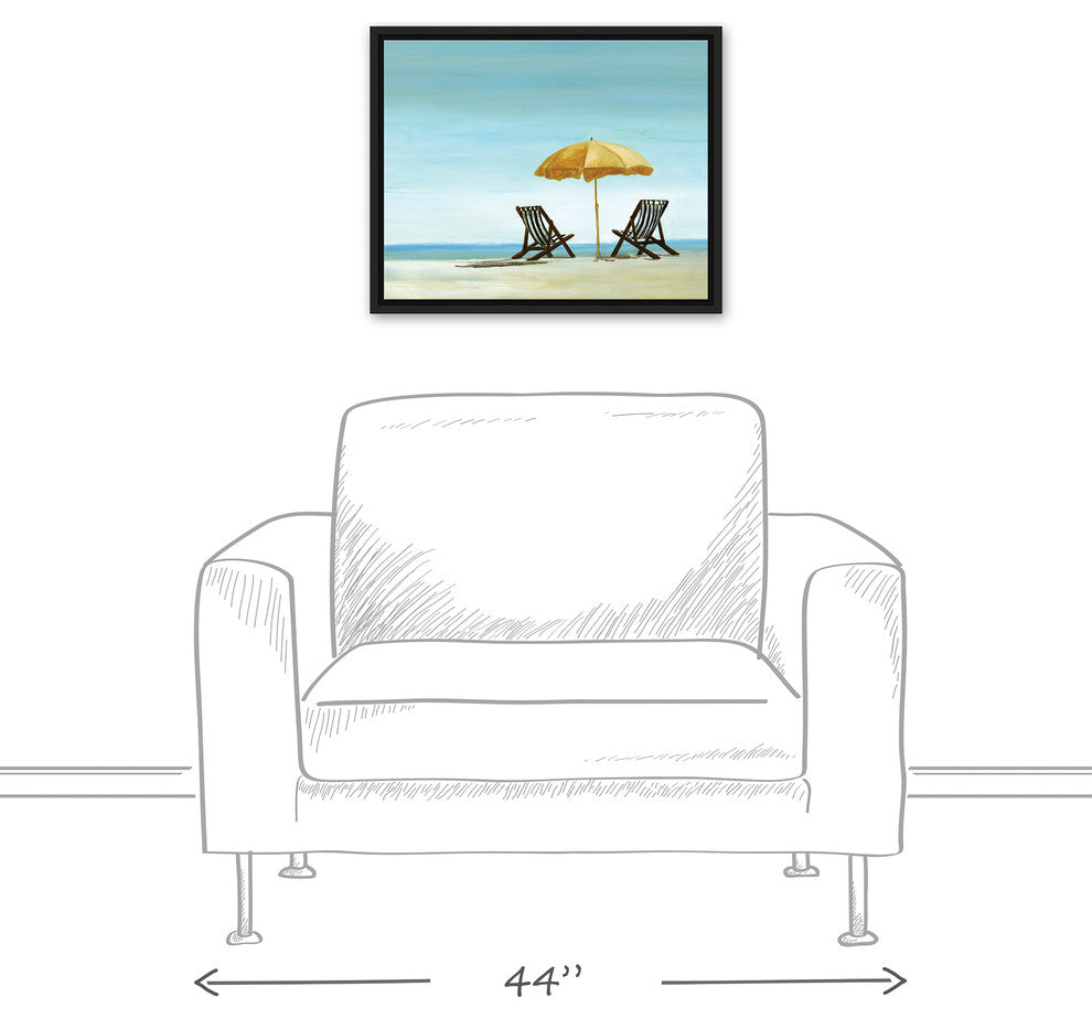 Beach Chairs Under Yellow Umbrella 16x20 Black Floating Framed Canvas
