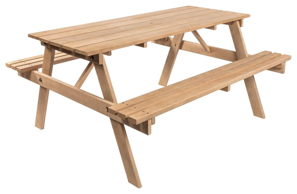 Eucalyptus Wood Outdoor Dining Set with Table, Umbrella Hole and Benches, Light Teak