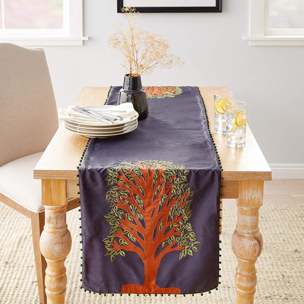 Tree of Life Table Runner in Ivory Silk, Navy Silk