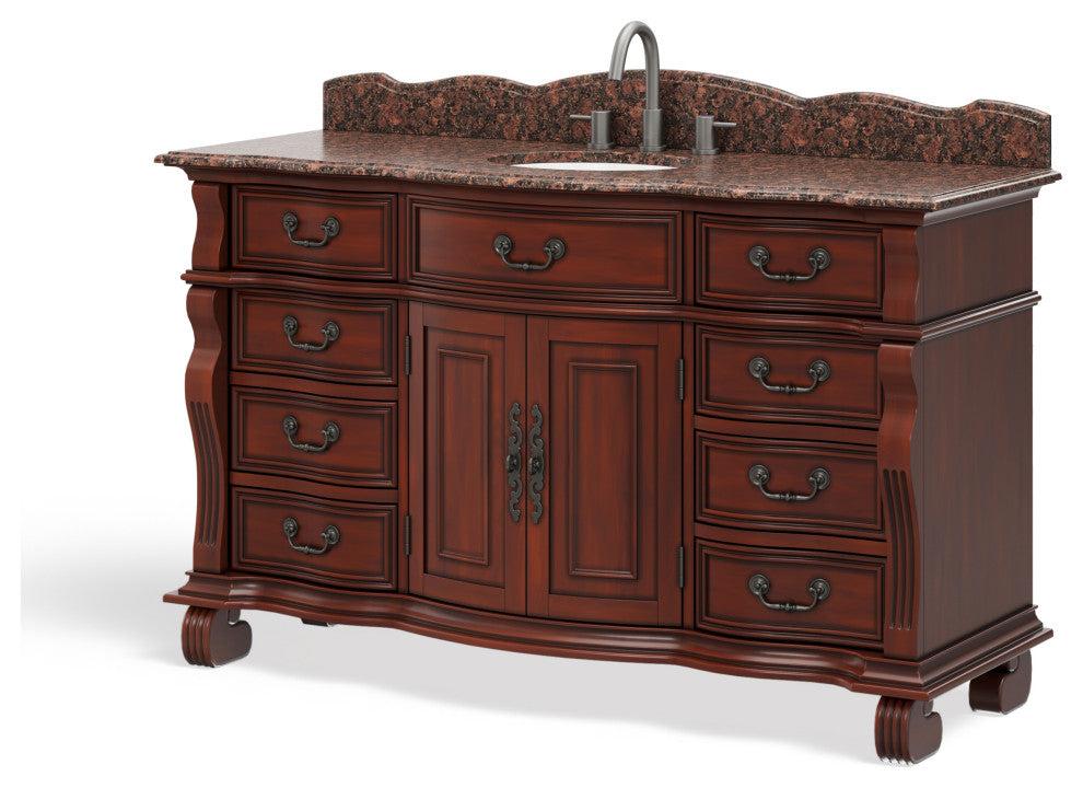 60 inch Cherry Wood Hopkinton Bathroom Sink Vanity Baltic Brown Stone Top, Cherry, 60", Single Sink, Freestanding, With Mirror