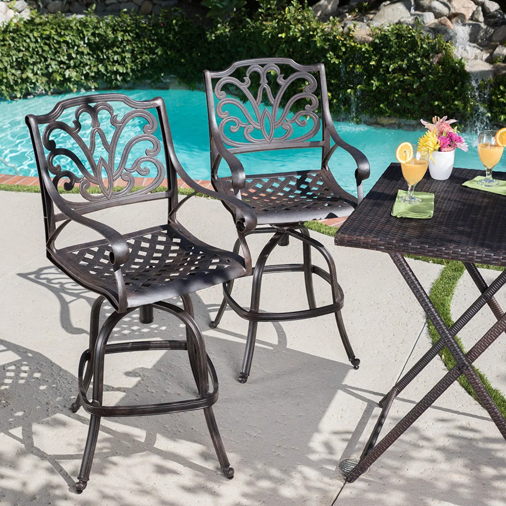2 Pack Patio Bar Stool, Cast Aluminum Construction With Scrolled Details, Bronze