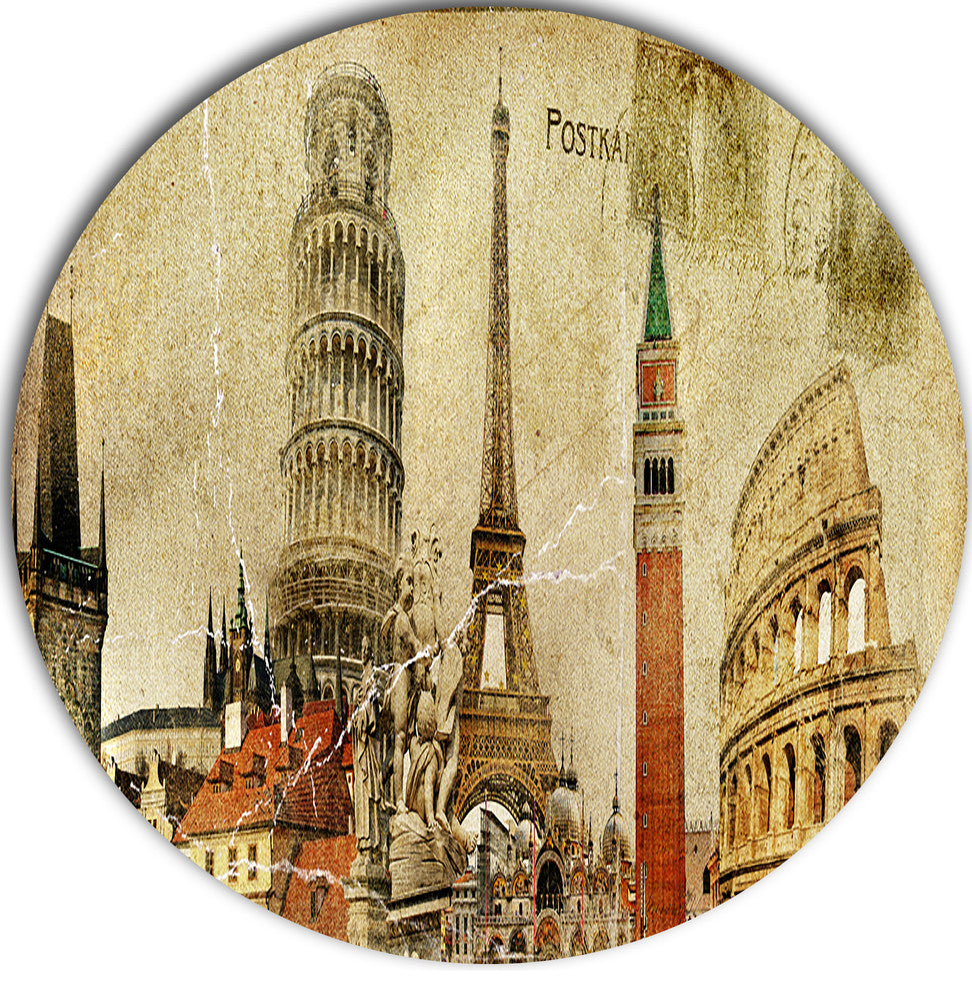 Vintage Postal Card, Contemporary Round Metal Wall Art, 11"