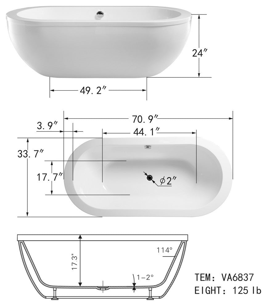 Vanity Art Freestanding Acrylic Soaking Bathtub, White, 71" x 34"