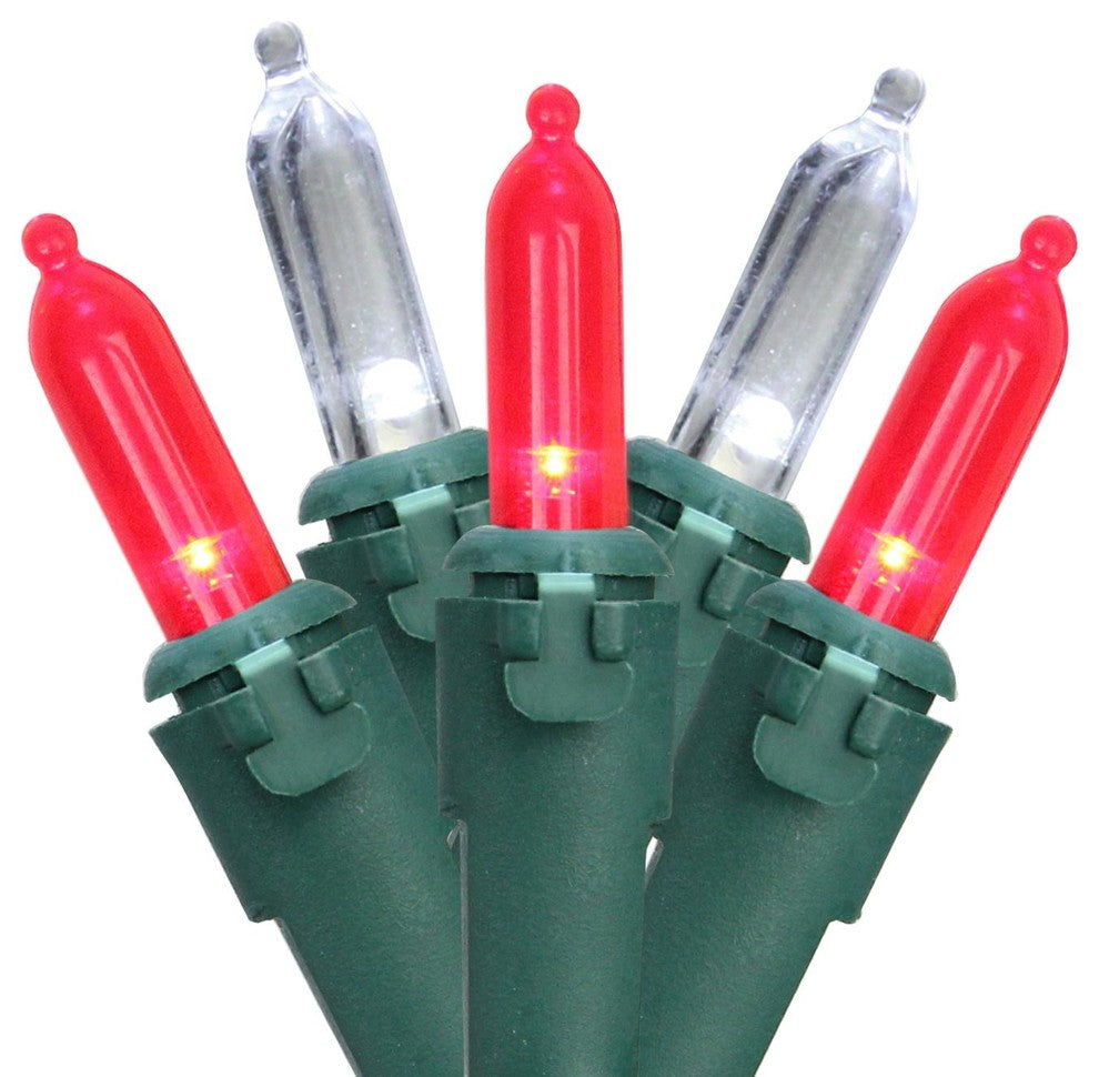 Set of 100 Red & Pure White LED Mini Christmas Lights 4" Spacing - Green Wire