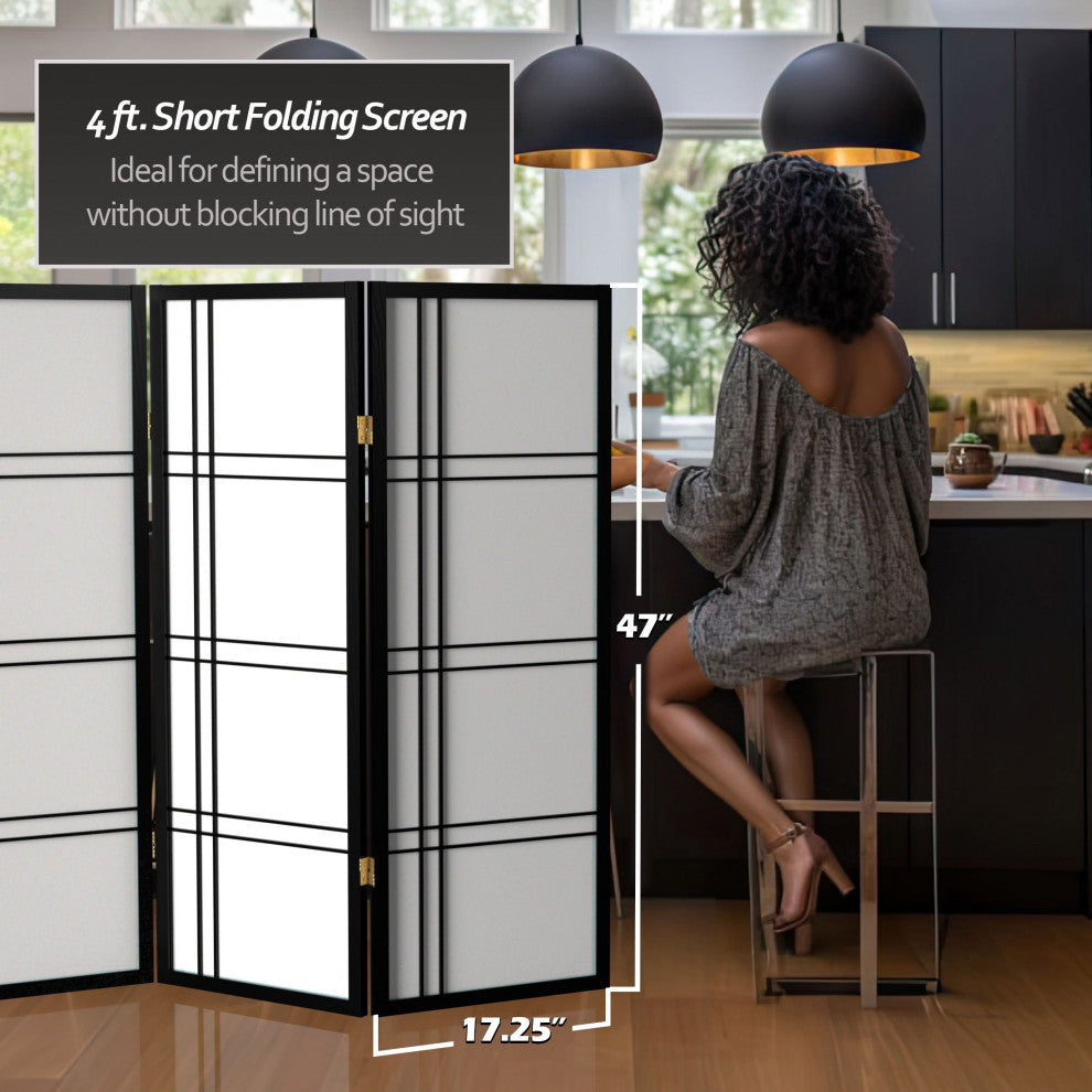 4' Tall Double Cross Shoji Screen, Black, 4 Panels