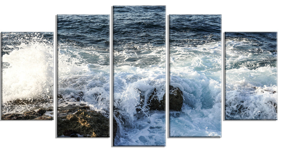 "Waves Breaking on Stony Beach" Seascape Wall Art, 5 Panels, 60"x32"