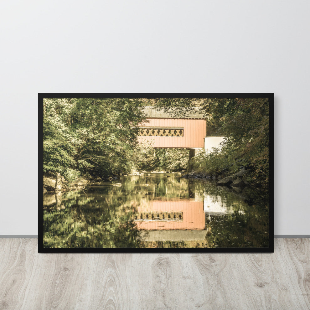 The Reflections of Wooddale Covered Bridge Aged Framed Photo Wall Art Print, Black, 24" X 36"