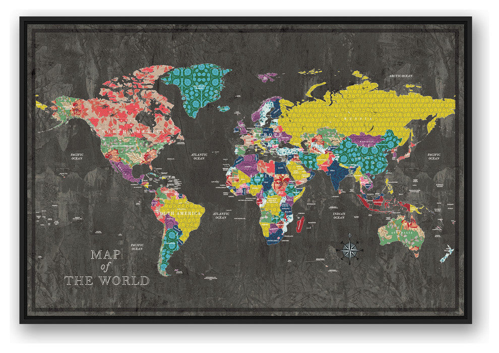 Colorful World Map Canvas Wall Art, 32"x48", Framed