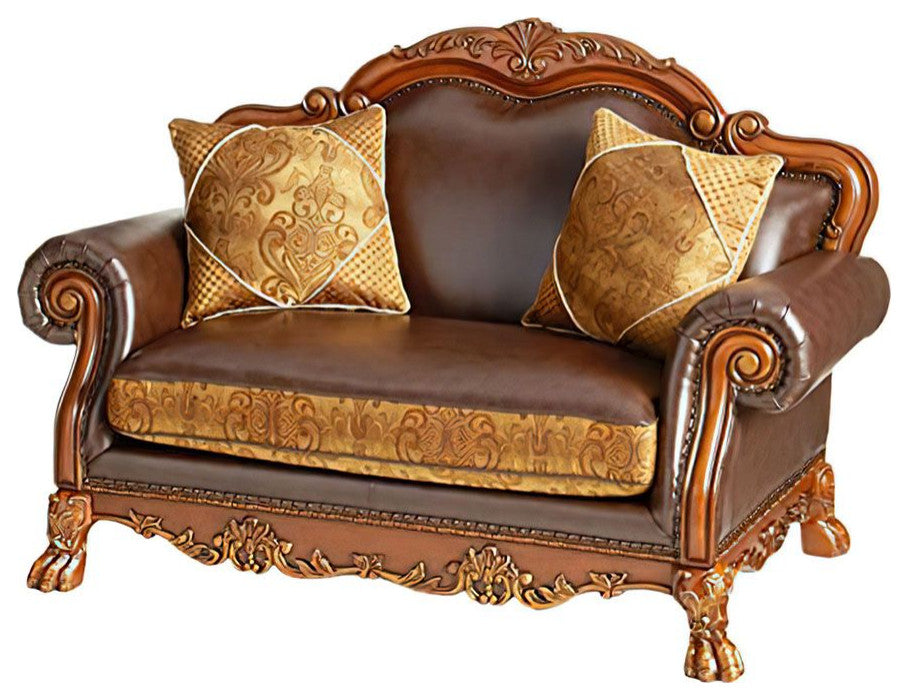 Dresden Loveseat With 2 Pillows, Brown PU and Chenille, Cherry Oak