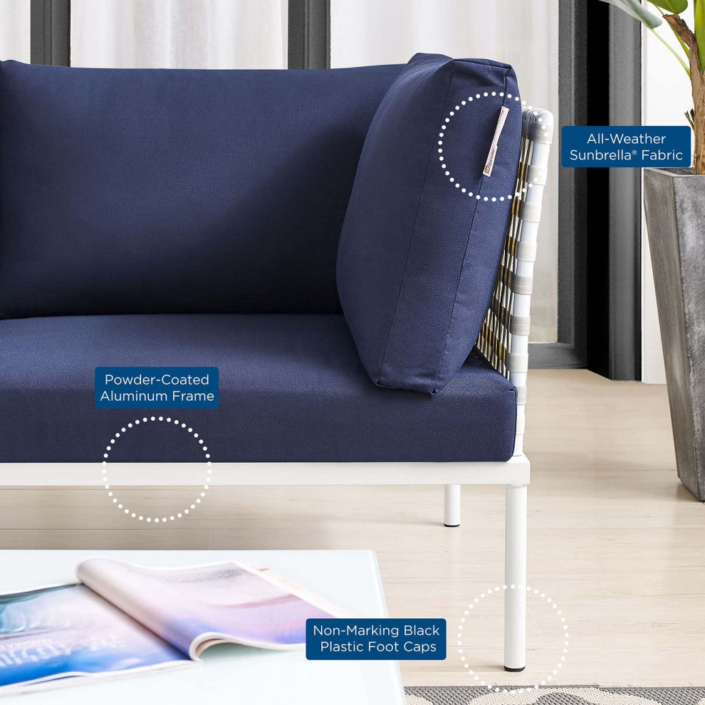 Lounge Sectional Sofa Chair Table Set, Sunbrella, Aluminum, Blue Navy, Outdoor