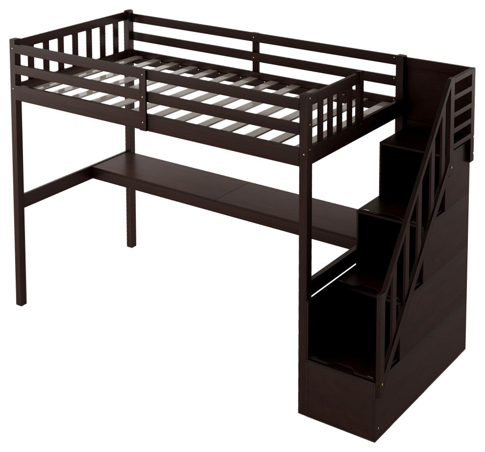 Gewnee Twin Size Loft Bed with Staircase and Built-in Desk in Espresso