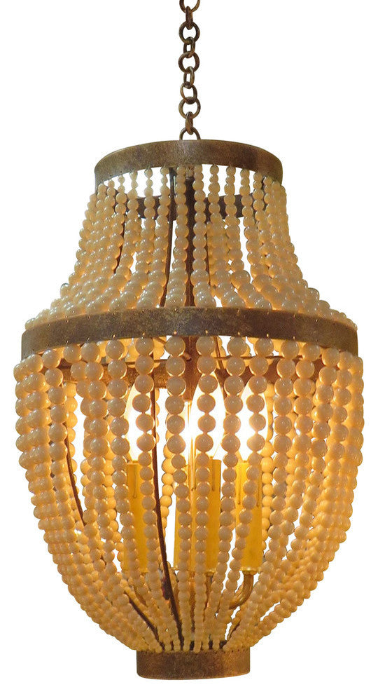 20" Iron Cream Beaded Pendant Chandelier, Romantic Pearl 4-Light Antique