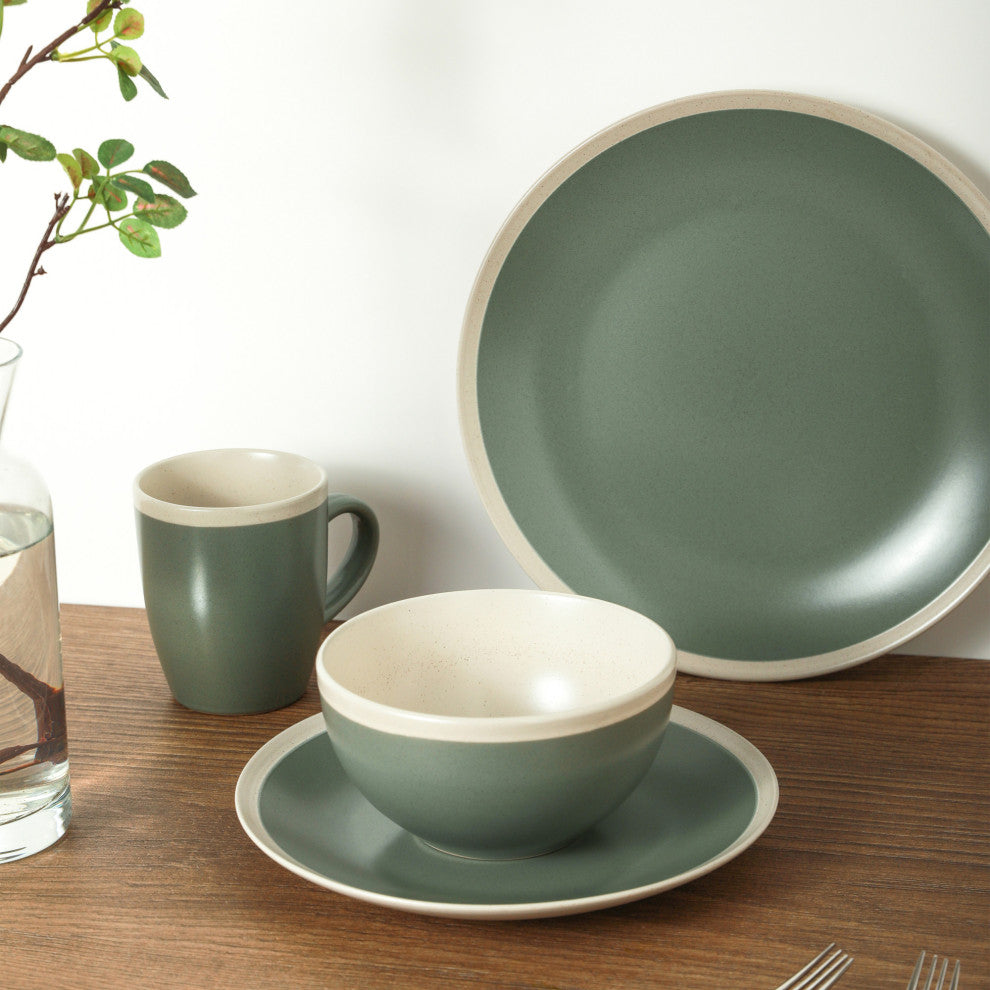 Stone Lain Serenity Stoneware 32 Piece Dinnerware Set, Green and Cream