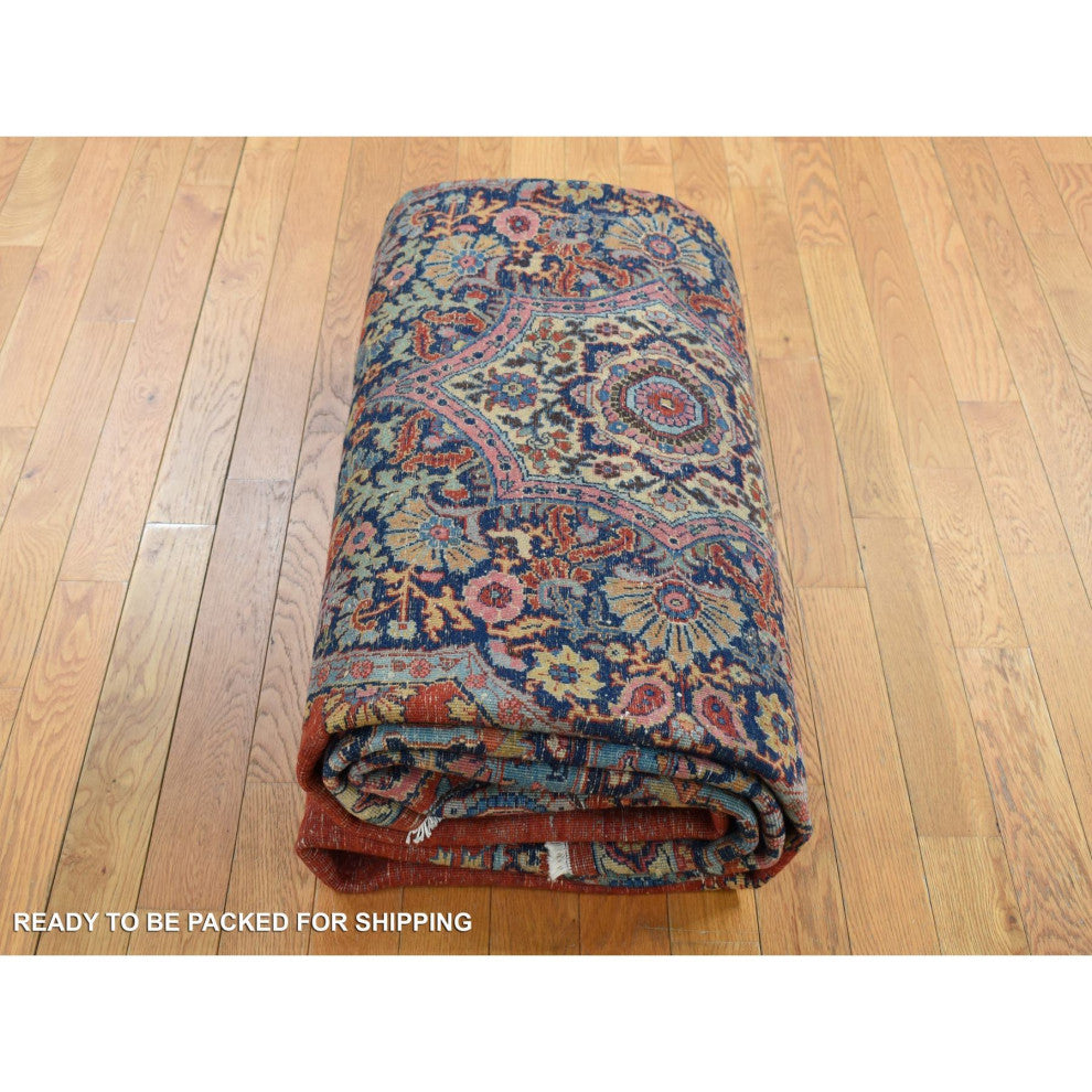 Orange Antique Persian Tabriz Medallion Design Hand Knotted Wool Rug 8'8"x12'