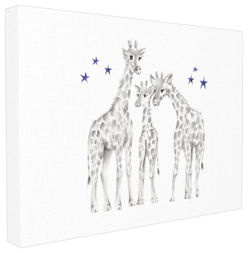 "Giraffe Family Graphite Drawing" 30x40, XXL Stretched Canvas Wall Art