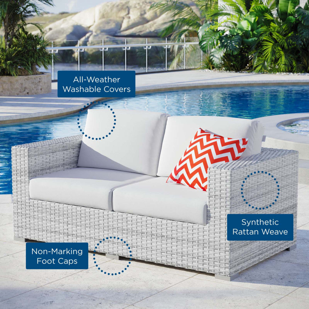 Lounge Loveseat Sofa, Rattan, Wicker, Gray White, Modern, Outdoor Patio