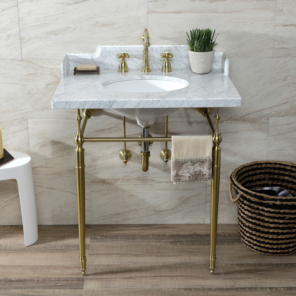 LMS3022M87 30" Carrara Marble Console Sink with Brass Legs