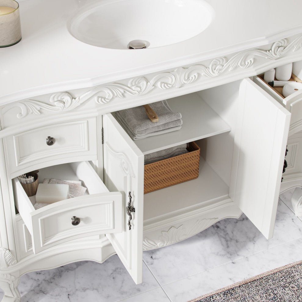 Antique White Traditional Style Single Sink Beckham Bathroom Vanity, White, 48", Single Sink, With Mirror, Freestanding