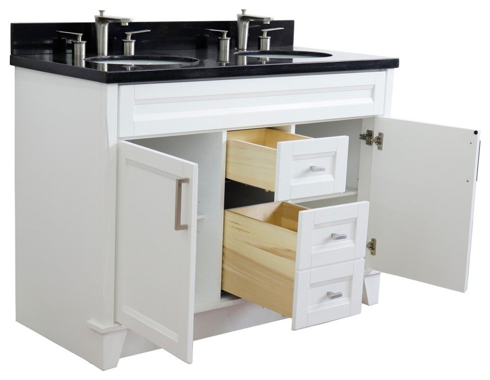 48" Double Sink Vanity, White Finish With Black Galaxy Granite And Oval Sink