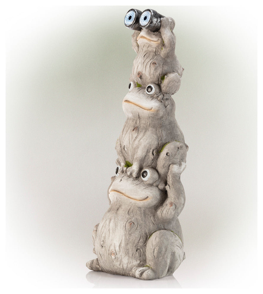 Alpine Solar Three Stack Frogs Statue with LED Light, 24"