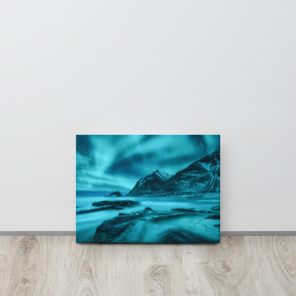 Blue Northern Lights and Mountain Coast Landscape Photo Canvas Wall Art Prints, 12" X 16"