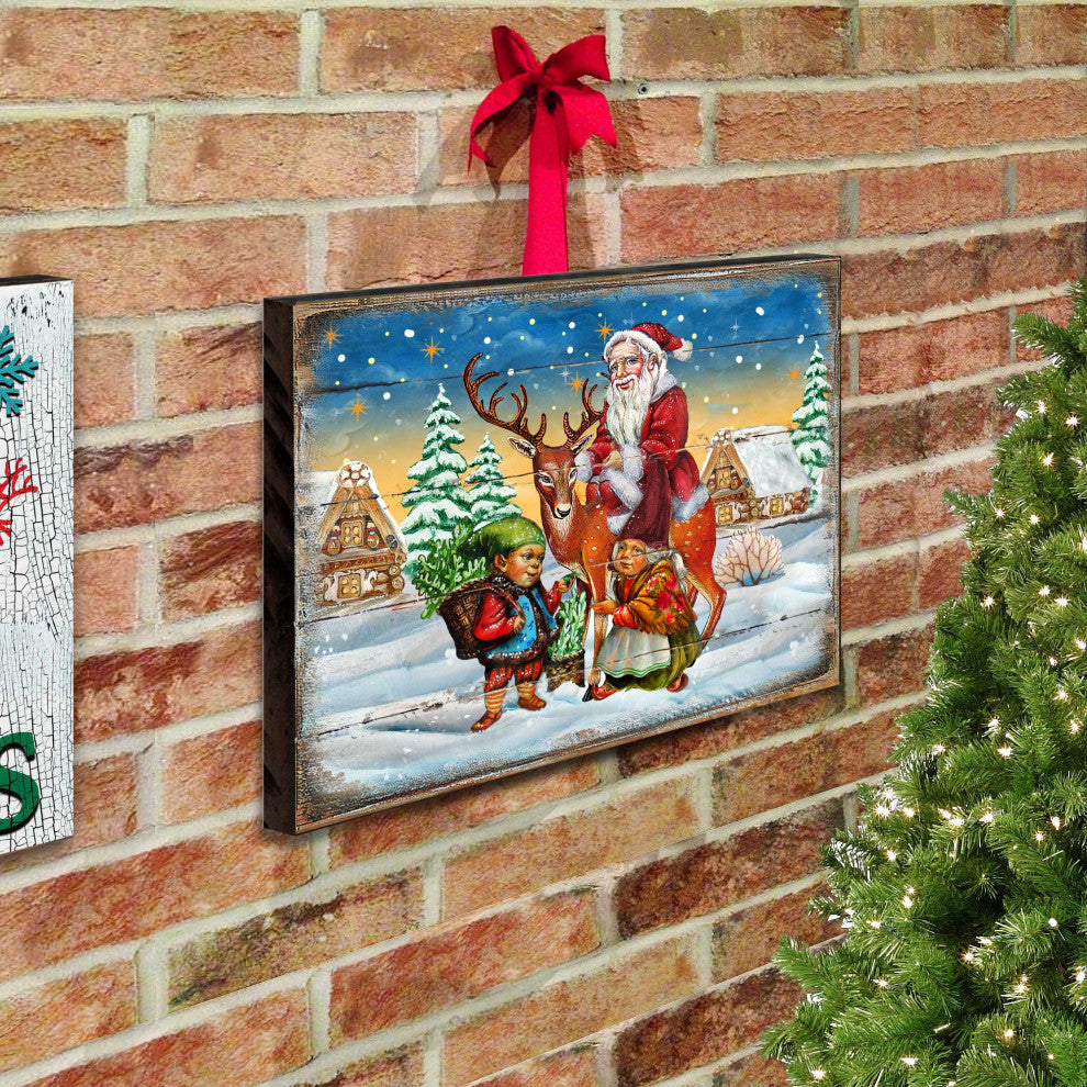 Vintage Reindeer Ride Santa Wooden Wall Art, Small 12x9