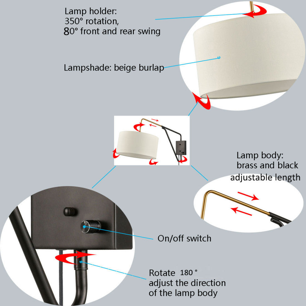 Swing Arm Wall Lamp,Plug in Wall Mount Light with Off-White Fabric Shade