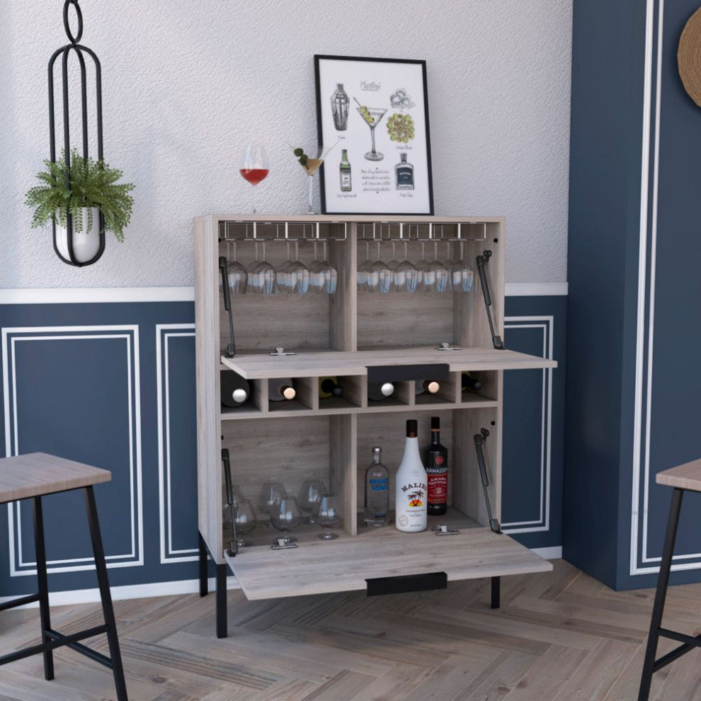 Rowan Bar Cabinet with 6 Wine Cubbies, Glass Rack, and Inner Shelves, Light Gray