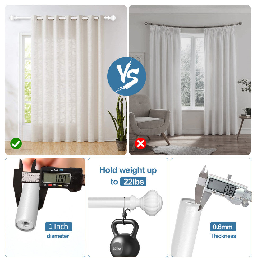 1" Doorknob Drapery Curtain Rod, Glossy White, 84"-120"