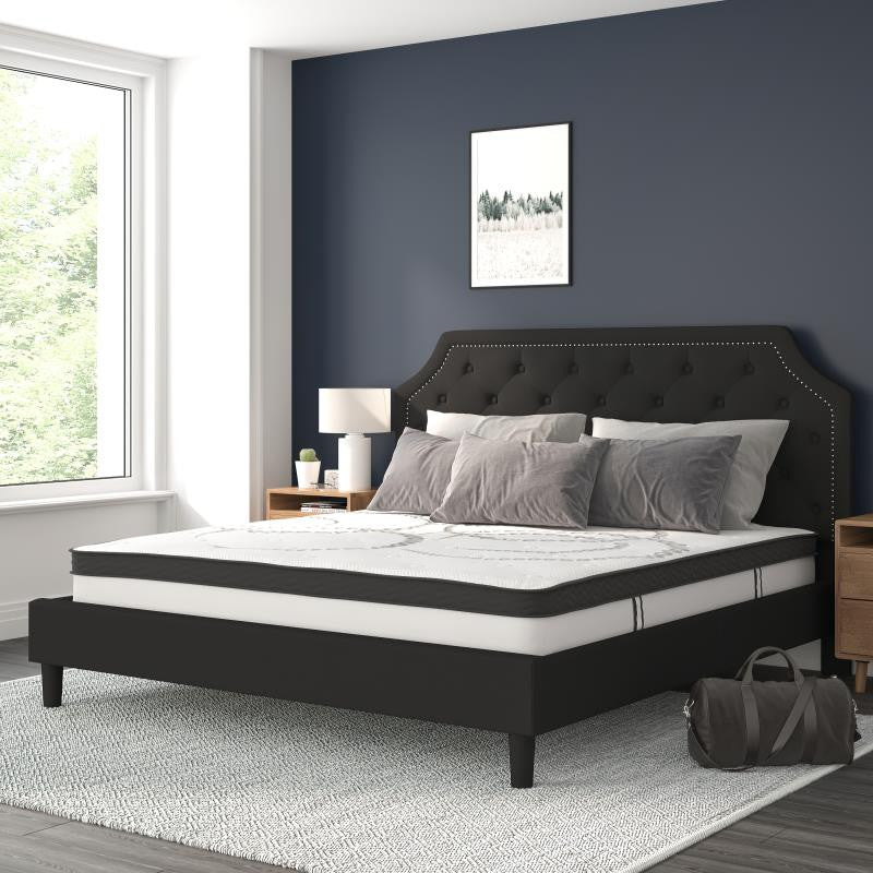 Roxbury Upholstered Platform Bed -10 Inch Foam & Pocket Spring Mattress, Black With Nail Trim, King
